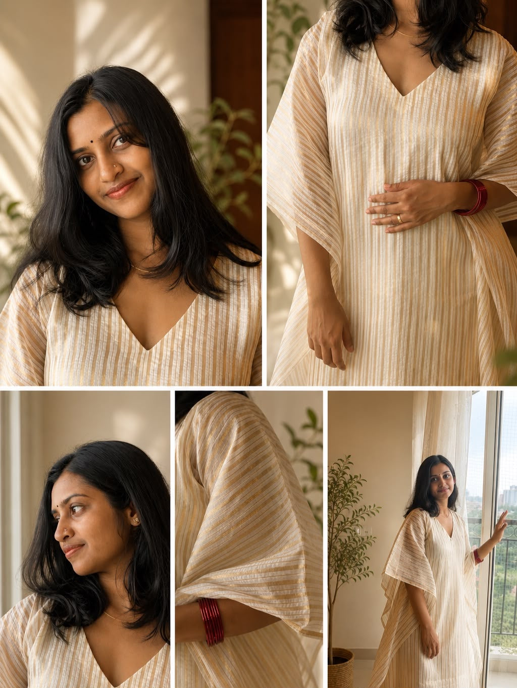 Details of the Ponnila Kaftan — neckline, sleeve and drape