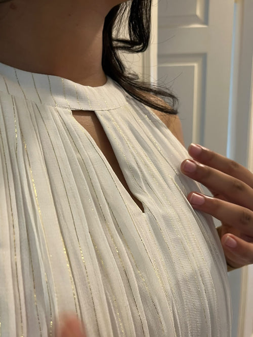 Nilavu Pleated Halter — gold pinstripe pleats and keyhole neckline